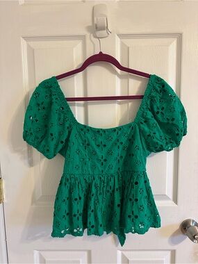 Green Eyelet Puff-Sleeve Peplum Top